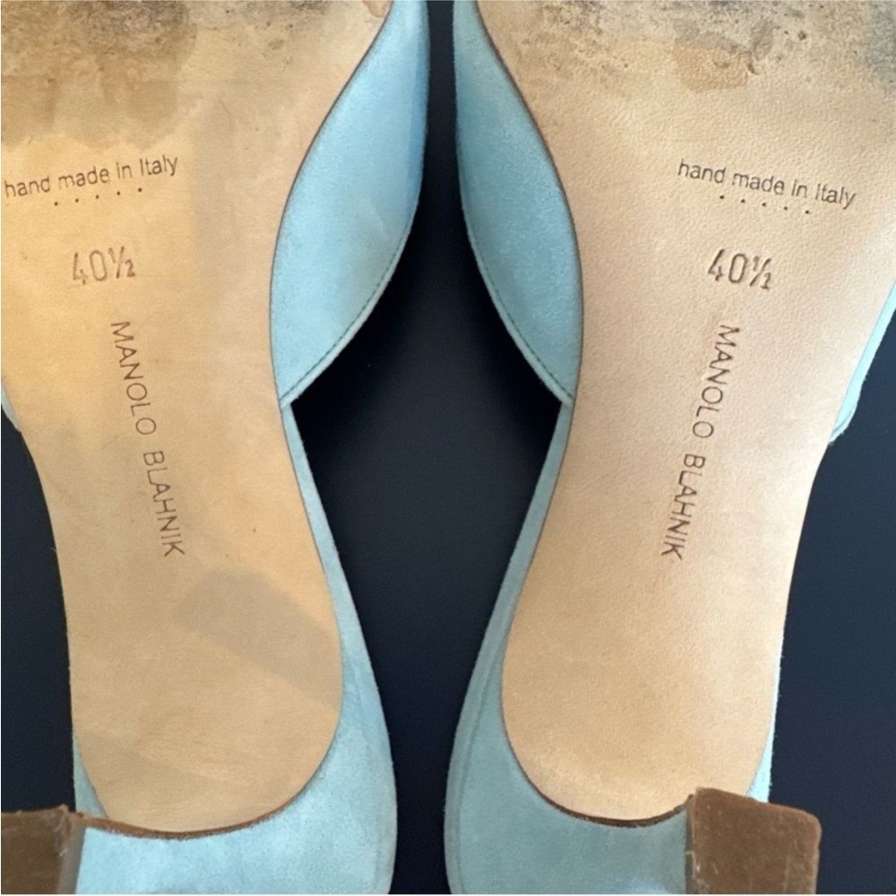 Manolo Blahnik Maysale Mule Buckle Light Blue Suede - Picture 7 of 8